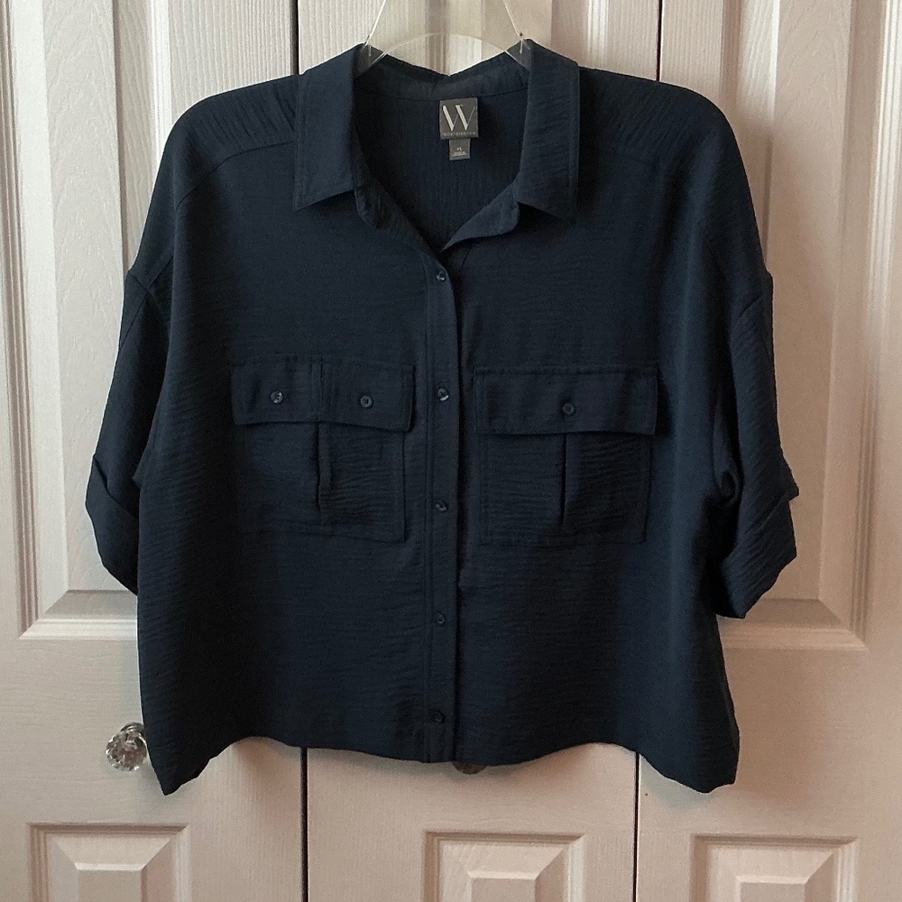 Worthington Womens Short Sleeve Button Down Cropped Blouse
